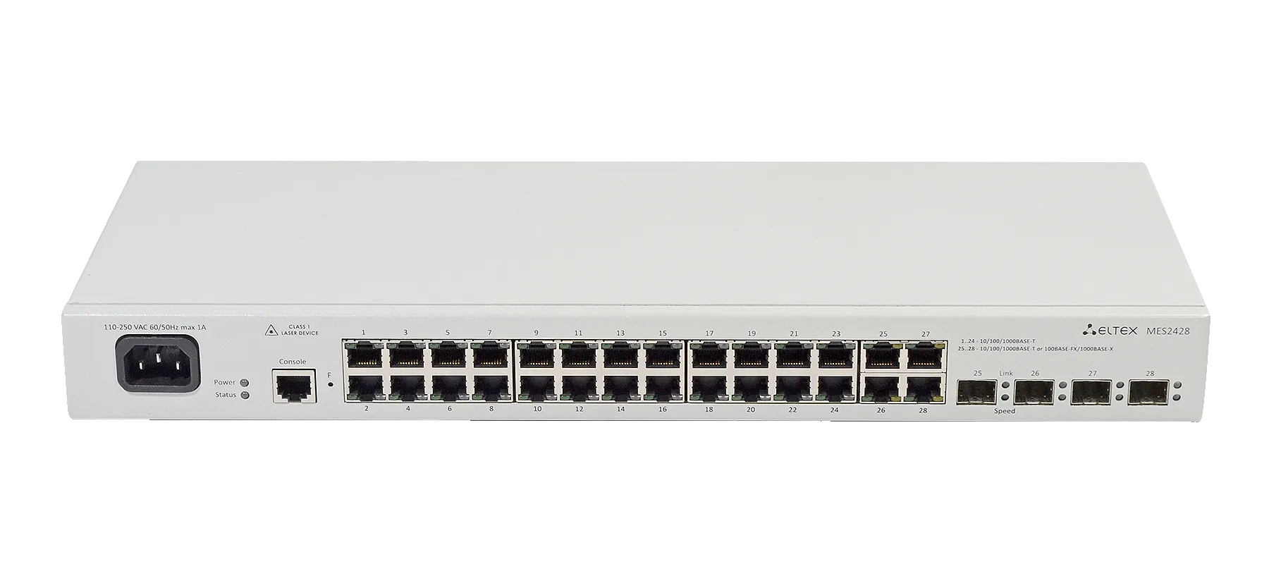 Ethernet-коммутатор MES2424P, 24xPoE/PoE+ (1G) + 4x1G/10G SFP+, L3, 220V AC